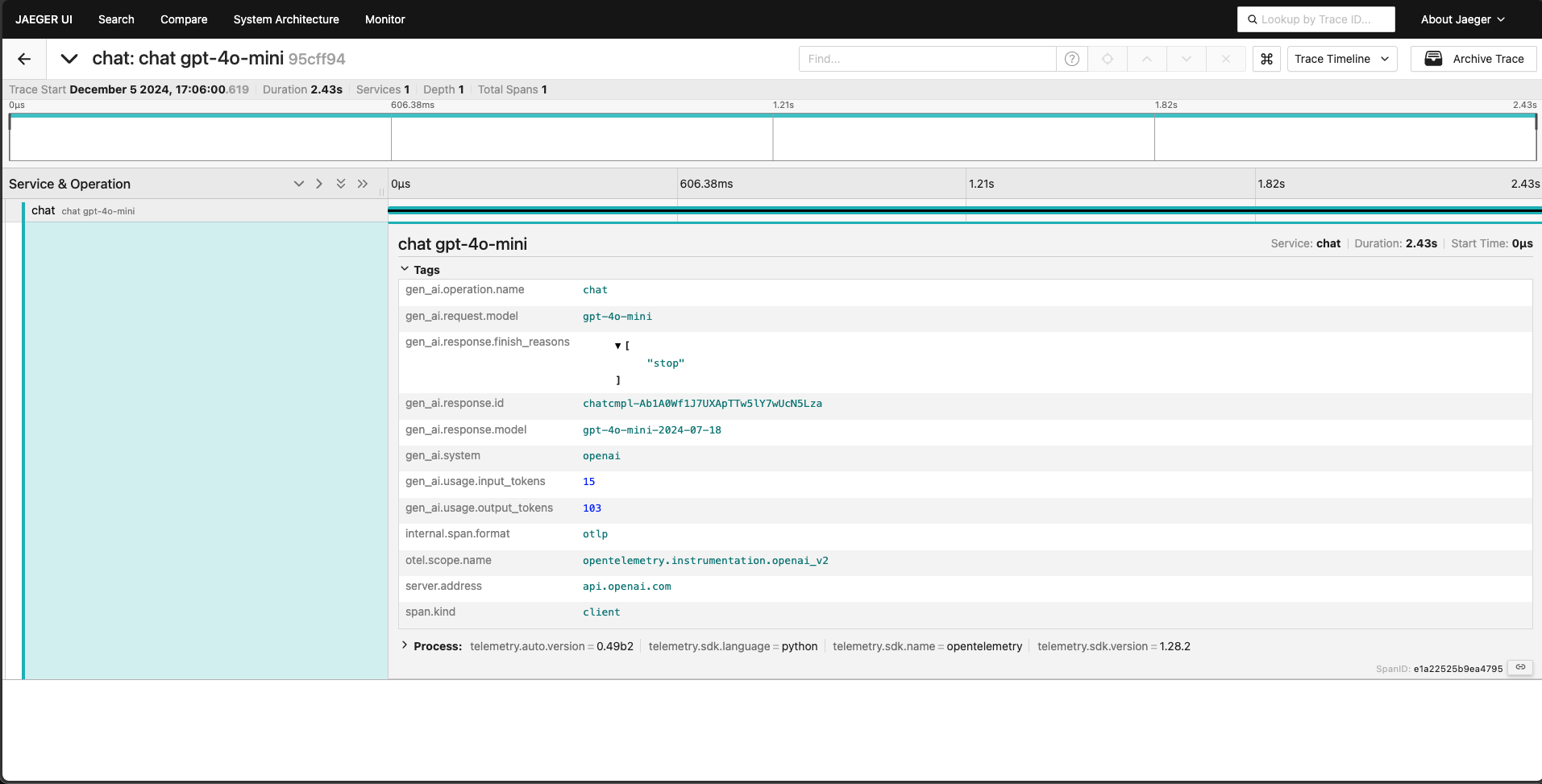 Chat trace in Jaeger